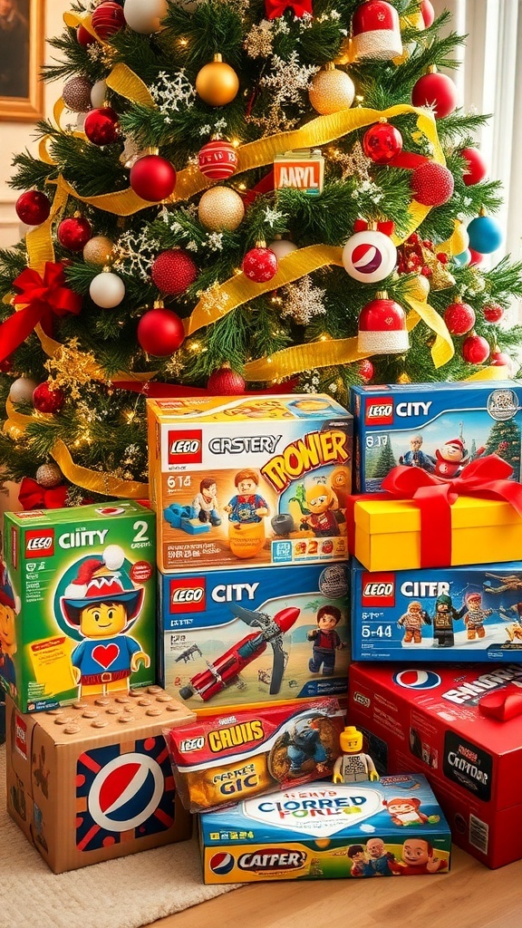 Top Christmas Gift Ideas for Boys A collection of Christmas gifts for boys under a decorated tree, featuring LEGO sets, action figures, and board games.